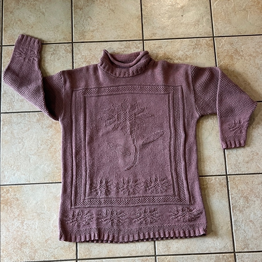 A Knitch Above Mauve Floral Mock Neck Roll Neck Knit Sweater, Sz Medium